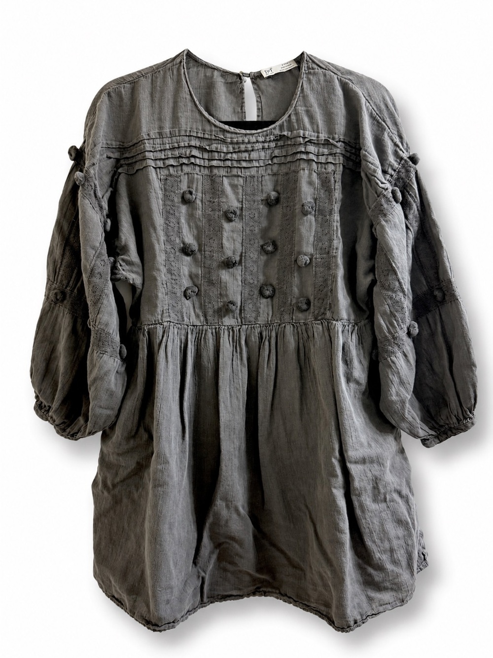 Zara TRF Grey Pompom Lace Babydoll Mini Dress Boho Long Sleeve Size XS